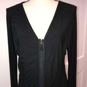 Kensie Zip front Deep V L/S Shirred Dress